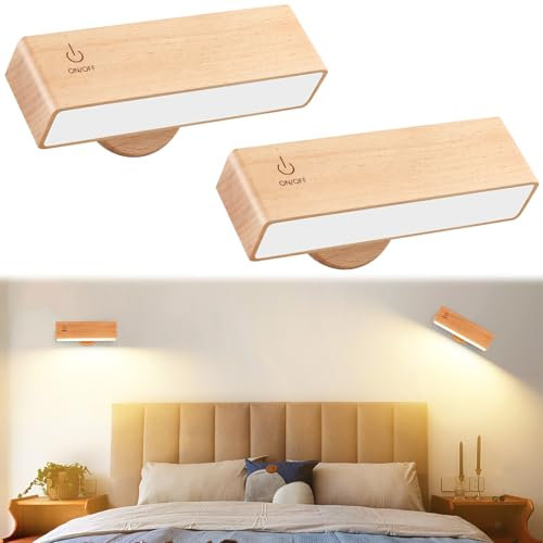Battery Operated Magnetic Light 2 Pack, Rechargeable Wood Wall Sconce Indoor with 360°Rotation, Wireless Lamp with Stepless Dimmable & Touch Control for Bedroom