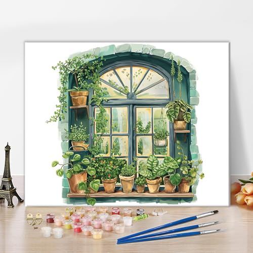 TISHIRON Måla efter siffror vuxen grön växt, akrylmålning med siffror kit på duk fönster, gör-det-själv oljemålning för hemmet botaniska, hantverk 40 x 50 cm (ramlös)