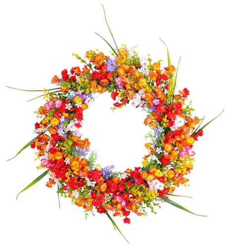 40 cm Türkranz, Wildblumen Girlande, Künstlich Türkranz Ganzjährig für Wanddekoration Haustür Deko, Bunte Frühlings Sommer Girlande, Türen Hängen Kranz Blumenkranz für Garten, Hochzeit, Party