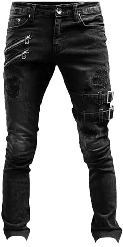 Pantalones Vaqueros Rotos para Hombre, Estilo Hip Hop, Estilo Punk, gótico, con Cremallera, Corte Ajustado, Color Negro, Talla Mediana