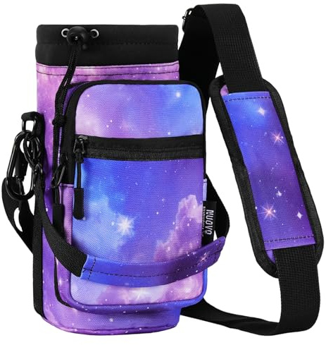 Nuovoware Tragetasche für Wasserflasche, 1000ml Trinkflaschen Taschen mit Verstellbarem Schultergurt und 2 Taschen Flaschen Halter Flaschenbeutel für Wandern Radfahren Laufen Camp, Lila Sternenhimmel