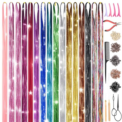 16 Farben 120 cm Hair Tinsel, Glitzersträhnen für Haare | Haar Lametta mit Werkzeugen zum Flechten Haarschmuck für Fasching Karneval und Festivals