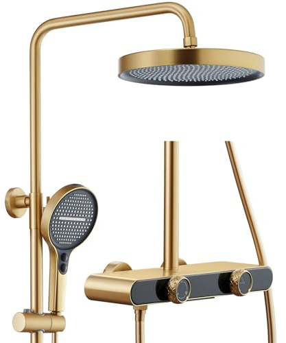 WRKMH Duschsystem Gebürstetes Zirkoniumgold, Wasserfall Duscharmatur Komplettset 3 Funktional Duschgarnitur mit Regendusche, Höhenverstellbar Duschamaturenset Regendusche