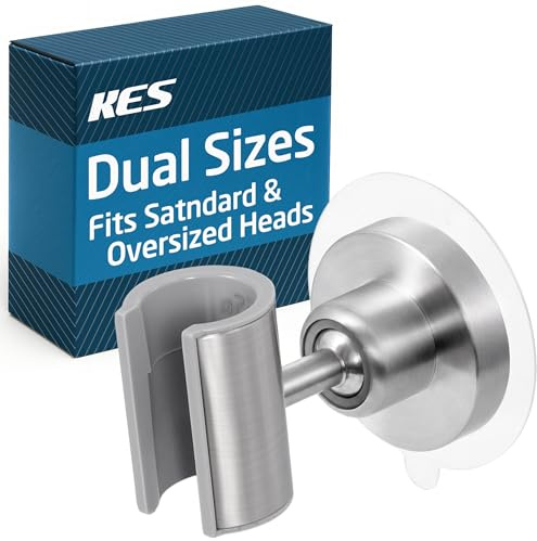 KES All Metal Shower Head Holder Adhesive, Dual-Size Opening Handheld Shower Head Holder Wall Mount for Standard & Oversized Shower Hose, Adjustable Shower Wand Holder, Brushed Steel, C208DF-BS