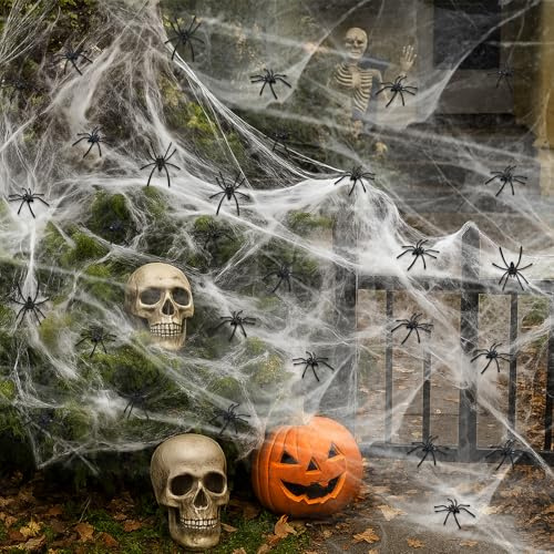 MAJOYLIFE Halloween Deko Set,150g Spinnennetz Dehnbare & 40 Plastik Spinnen für Halloween Dekoration Outdoor und Innen,Garten,Fenster,Horror Party (Weiß)
