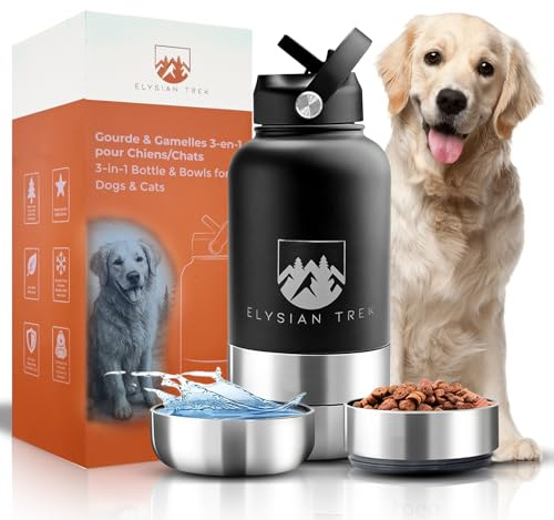 Elysian trek Botella para Perros 3 en 1 Botella Térmica de Acero Inoxidable 1 L con Cuencos Integrados – Ideal para Senderismo, Camping y Viaje – Sin BPA