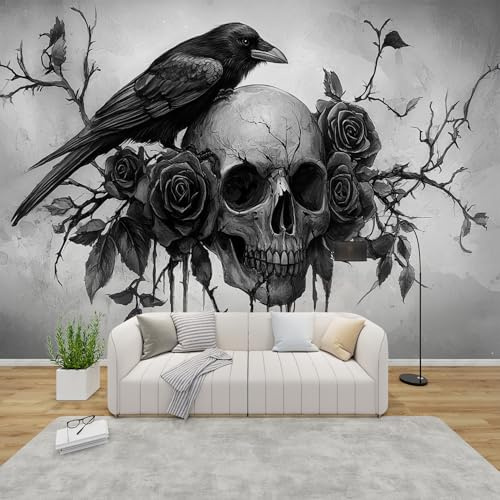 MMYAOKEN Papier Peint Panoramique Tête de Mort 300x210 cm - Décoration Murale Rose Corbeau Gothique - Tapisserie Murales Papier Peint Intissé pour Chambre Salon - Poster Tableaux Photo Muraux
