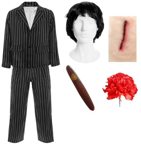 Erwachsenenkostüm Mafia-Boss-Kostüm, Halloween-Outfit mit Nadelstreifen-Anzug, schwarze Perücke, Zigarren-Rose und Schlitz-Narben-Zubehör, Gangster-Kostüm, Verkleidung