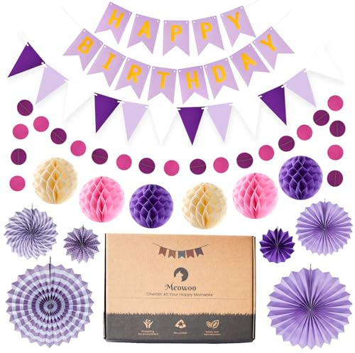 Meowoo Geburtstagsdeko, Lila Geburtstag Party Deko - Happy Birthday Girlande, Wimpelkette, Wabenblumen, Papierfächer - Wiederverwendbare Deko Geburtstag für alle Menschen