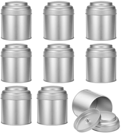 QUARKZMAN 9 Boîtes à Thé en Métal avec Double Couvercle Airtight, Petites Boîtes Rondes de 8 Fluid Oz, Contenants de Cuisine pour Thé en Vrac, Café, Bonbons et Épices, Argenté