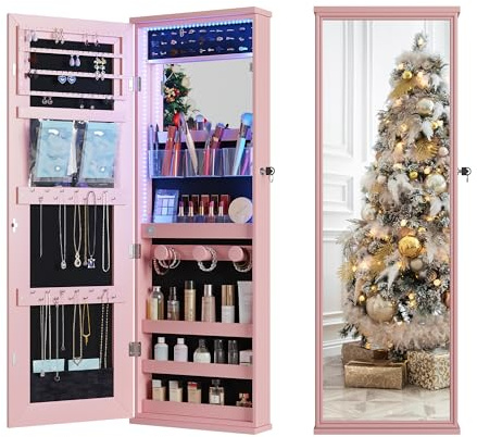 FREDEES Hängender Schmuckschrank mit Ganzkörperspiegel, Wandmontierte Schmuckkommode mit LED-Beleuchtung, Abschließbarer Schmuckaufbewahrungsschrank, Rosa
