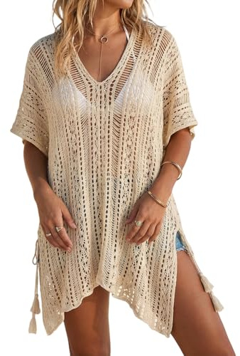 Women Beach Crochet Cover Up Dress Swimsuit Bikini Openwork Beach Cover Up Summer Sheer Dress. (Apricot)