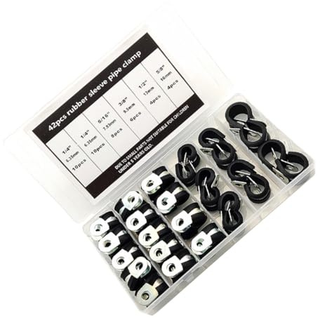ORFOFE 42pcs Rubber Cushioned Stainless Steel Hose Clamps Set with R-type Cable Clips for Wire and Fluid Line Clamping in Plumbing and Automotive Applications
