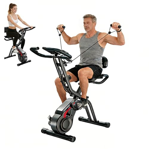 SUIUOI Bicicleta estática plegable con respaldo para casa – Bicicleta estática magnética silenciosa, 8 niveles de resistencia, monitor LCD, entrenamiento seguro hasta 136 kg