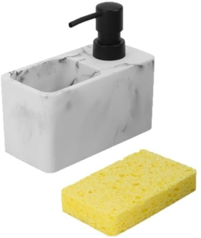 Teron Dispensador de jabón de cocina 2 en 1 con soporte para esponja, dispensador de jabón de mármol para cocina, baño y lavabo (blanco)
