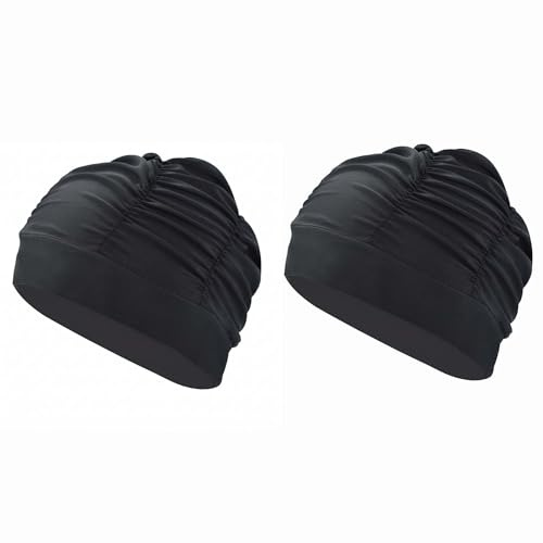 Bonnets de Bain en Nylon Élastique, Noir, 2 Pièces | Bonnet de Bain Imperméable et Souple, Bonnet de Natation Élégant pour Cheveux Longs, Femme, Homme et Enfant