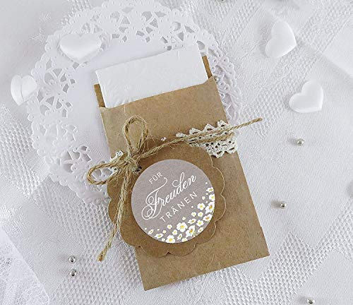 Freuden Tränen Taschentücher Set zur Hochzeit Groß 48 Sticker + 48 braune Flachbeutel - Kraftpapier - 63 x 93 mm für Freudentränen Taschentuch Verpackungen in SAND mit weißen Blumen im Packpapier Look