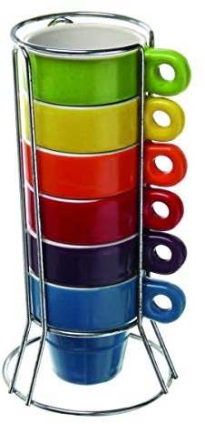 Paxanpax PSA462_04 Stackable Set of 6 Espresso Coffee Ceramic Mugs & Stand for Tassimo Coffee Capsule Pod Coffee Machines, Red, Orange, Yellow, Green, Blue, Violet