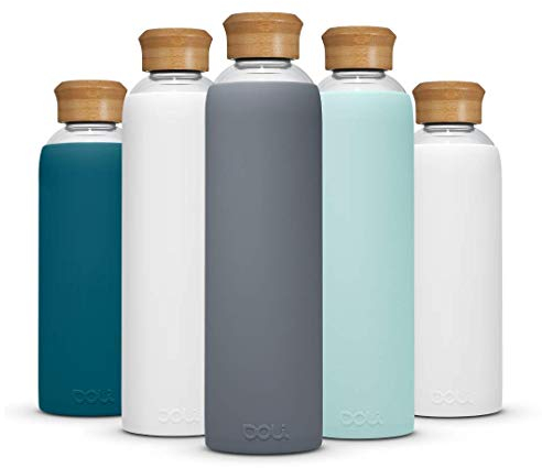 Doli Trinkflasche Glas mit Silikonhülle 1L Grey - Ideal für Heißes & Kohlensäurehaltige Getränke - Absolut dicht - Spülmaschinenfest - BPA-frei