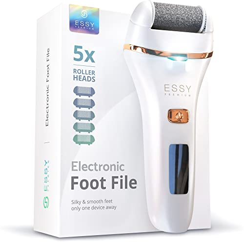 Essy Electric Foot File Hard Skin Remover with 5 Replacement Rollers Foot File Electric Pedicure Sets Cutters Accessories for Dry Dead Hard Skin Feet Callus Remover for Feet Care Exfoliator (White)