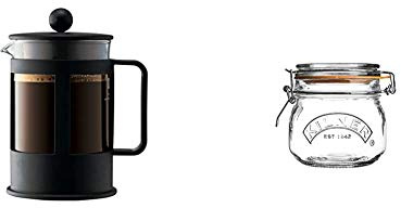 BODUM 1784-01 Kenya 4 Cup French Press Coffee Maker, Black, 0.5 l, 17 oz & Kilner Clip Top Round Storage Jar, Glass