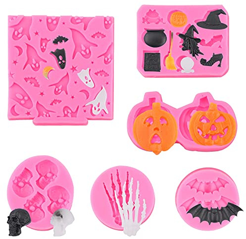 6 Pièces Halloween Silicone Fondant Moules DIY Gâteau Au Chocolat Bonbons Gelée Doux Moules Citrouille Chauve-Souris Fantôme Sorcière pour la Cuisson Fête Enfants Fournitures