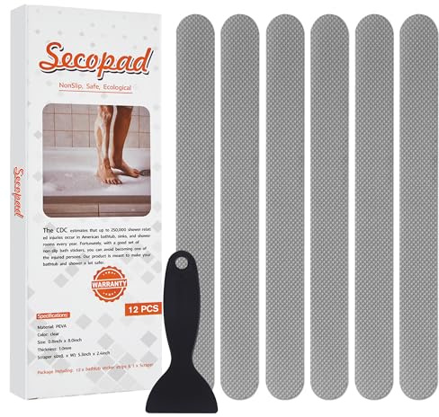 Secopad Original Anti-Slip Shower Stickers for Bathtub & Shower Floor, Strong Adhesive Safety Strips with Scraper Ideal for Families with Kids, Adults & Seniors, 12 PCS (Gray)