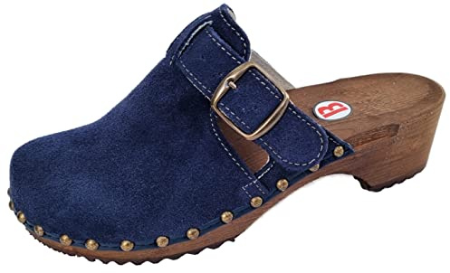 Holz (e) Clogs Holz Pantolette Gr.35-36-37-38-39-40-41-42 Wildleder Leder, BLAU, Schuhweite-NORMAL