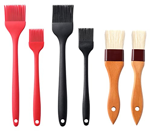 4 Pack Silicone Basting Pastry Brushes with 2 Wood Handle Culinary Oil Brushes, Heat Resistant Brush Set, Perfect for BBQ Sauce Barbecue Butter Grill Baking Kitchen Cooking, BPA Free & Dishwasher Safe