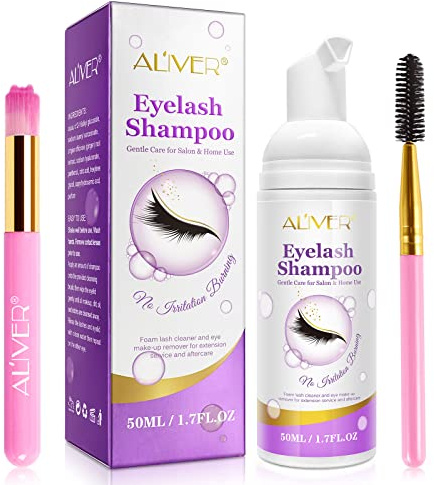 Wimpernverlängerung Shampoo 50 ml + Pinsel - Augenlid Schaumreiniger -Lash Shampoo Reiniger - Wimpernwaschung und Wimpernbad für Extensions, Make-up Entferner, Salon und Zu Hause verwenden(#2-Lila)