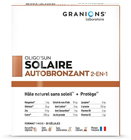 BRONZAGE | Autobronzant gelule 2-EN-1 GRANIONS | Complément alimentaire accelerateur bronzage | Protège | Formule Enrichie en Pigments Naturels | | Format 1 mois | 30 Gélules | Marque Française