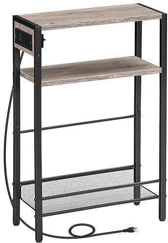 HOOBRO Small Narrow Side Table with Charging Station, Skinny End Table for Small Spaces, Slim Nightstand with USB Ports Outlet, Sofa Beside Table with Storage Shelf, Greige and Black BG102UBZ01