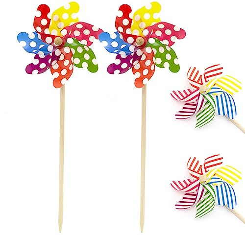 Pack of 4 Children's Wooden Garden Windmill - 45cm Outdoor Wind Spinner and Traditional Beach Pinwheel