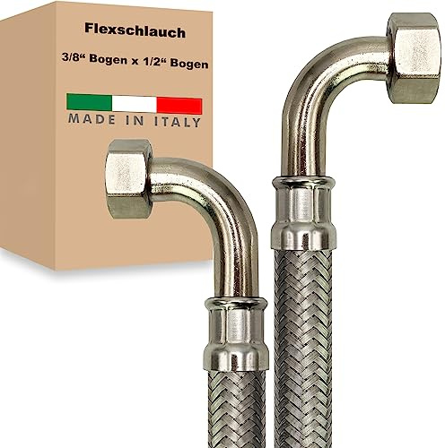 Flexschlauch ÜM-BOGEN x ÜM-BOGEN Edelstahl Panzerschlauch Anschlußschlauch Sanitär Armaturenschlauch Hauswasserwerk Made in Italy (3/8 x 1/2 - 300 mm - Z-Form)