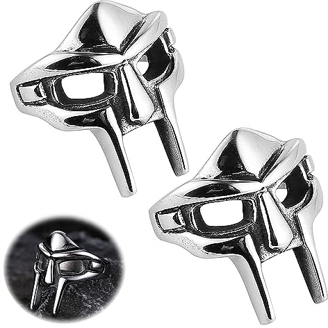 2 Stück Halloween Punk Totenkopf Ringe, Doom Maske Gladiator Stil, Pharao Maske Punk Retro Edelstahl Nordic Pagan Silber Metallringe für Männer und Frauen