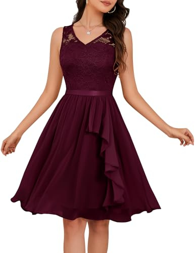Meetjen - Abito da donna corto per cocktail, formale, per matrimonio, invitata, con maniche lunghe, in pizzo, in mussola di seta, con volant sull'orlo, bordeaux, L