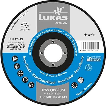 Lukas Erzett A46X-BF Lot de 25 disques à tronçonner T42 pour acier inoxydable 180 x 1,6 mm coudé pour meuleuse d'angle 20 x 20 x 8 cm