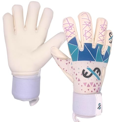 ExE-GK Football goalkeeper glove Inception Academy for Adult, Youth, Kids, Boys, Girls, Training, Games, 4mm Latex, Negative cut, Double Wrist Strap, White with Blue Features, Sizes 5-11 (8)