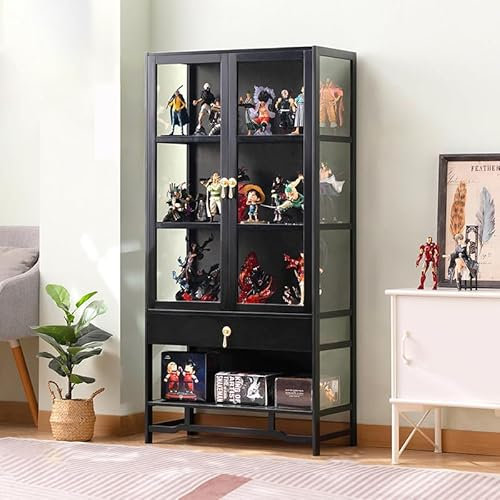 JSWHYBD Curio Vitrine Mit Acrylglastür Vitrine Im Wohnzimmer 3-5-stufige Vitrine, Vitrinen Aus Natürlichem Bambus Für Sammlerstücke Aufbewahrungsschrank Mit Hoher Kapazität 5F Black