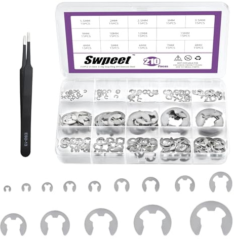 Swpeet Kit surtido de 210 piezas de 14 tamaños de clip electrónico de acero inoxidable 304 con pinzas, M1.5 M2 M2.5 M3 M3.5 M4 M5 M6 M7 M8 M9 M10 M12 M15 anillos de retención externos anillo a presión
