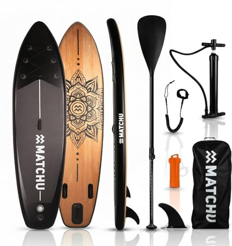 MATCHU - SUP Gonfiabile 320 cm - Tavola da Stand Up Paddle con Design Mandala Effetto Legno - Set Completo con Zaino, Pompa, Pagaia e Leash - Alta Capacità di Carico 150 kg - PVC a Doppio Strato
