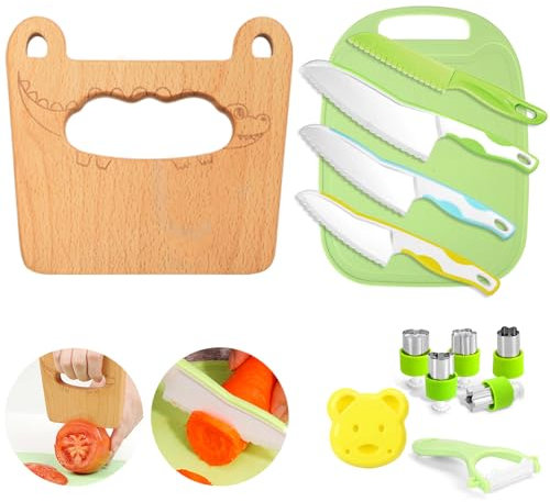 Goodchef Kindermesser 13-teiliges Kinder-Küchenmesser-Set zum Schneiden und Kochen von Obst oder Gemüse für Kleinkinder, inklusive Holzmesser Schneidebrett Schäler(Krokodile)