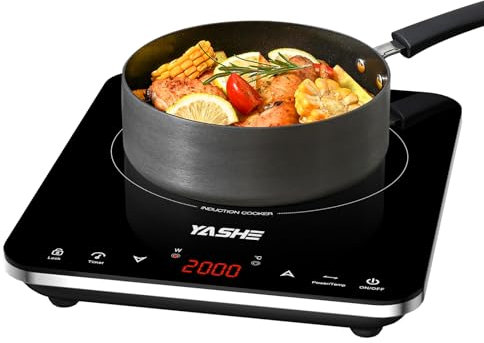 YASHE Placa de inducción – Placa de inducción portátil, 10 ajustes de potencia y 10 ajustes de temperatura. Placa de inducción de 2000 vatios, temporizador de 4 horas, bloqueo para niños