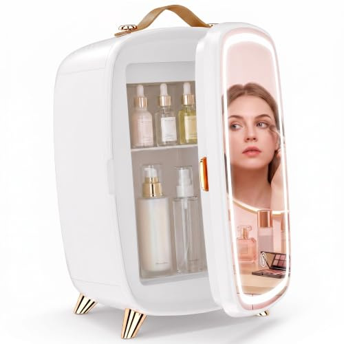 HOMCOM Mini Kühlschrank 6 Liter LED Spiegel Kosmetik Kühlschrank Weiß | Kühlfunktion, Skincare Fridge, Für Schlafzimmer, Hautpflege, Büro