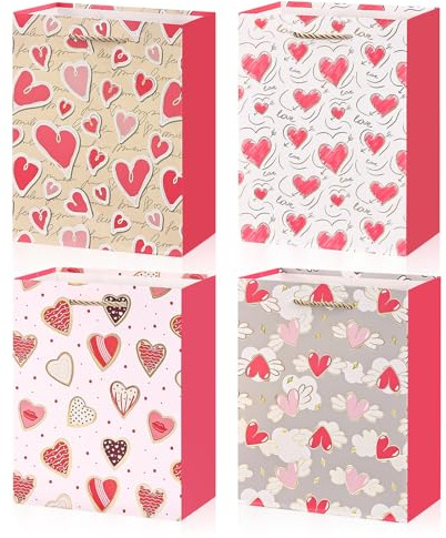 BBLIKE Sac Cadeaux Saint-Valentin - 4 Pièces Pochette Emballage Cadeau Papier Grand Format Avec Anse, Sachet Anniversaire Fille Luxe pour Femme Fille, Gift Bag pour Mariage, Fête des Mères（Coeur Rose）