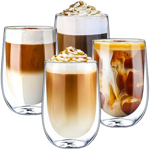 Volarium CRYSTALIA - Set di 4 tazze da caffè in vetro doppio da 350 ml, senza manico, resistenti al calore, in borosilicato, per caffè bianco piatto