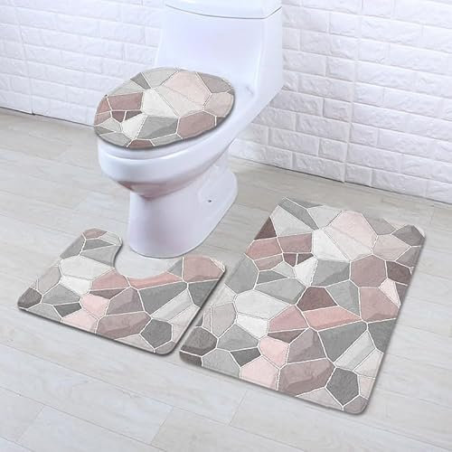 Bad Teppiche Set Beige Grauer Stein Badezimmerteppich Waschbar WC Vorleger mit Ausschnitt und WC Deckelbezug 3 Teilig Badematte rutschfest Toilettensitzbezug Badgarnitur 45x75 cm