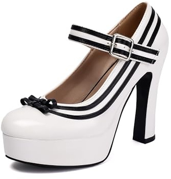 elerhythm Scarpe da donna Mary Jane con punta chiusa, cinturino alla caviglia, eleganti pumps con fiocco dolce, piattaforma, in pelle lucida, tacco alto, bianco, 40 EU