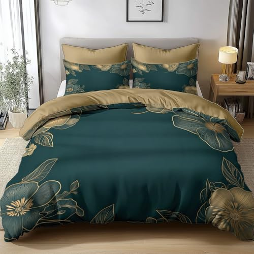 Generisch Bettwäsche 180x200cm Blumenlinien Luxus Grün Polyester Baumwolle Bettbezug Set mit Kissenbezug 80x80 cm, Komfortabler Weicher Bettbezüge mit Reißverschluss