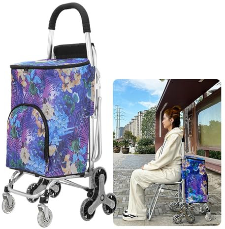 YEQING Carrello Spesa Pieghevole, Carrello con Ruote Portatutto, Saliscale con Ruote, Telaio in Alluminio, Carrello Portaspesa con Sedile